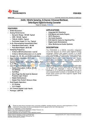 PCM1602APT datasheet - 24-Bit, 192-kHz Sampling, 6-Channel, Enhanced Multilevel, Delta-Sigma Digital-to-Analog Converter