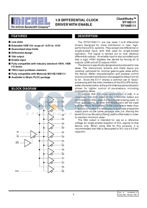 SY100E111JCTR datasheet - 1:9 DIFFERENTIAL CLOCK DRIVER WITH ENABLE