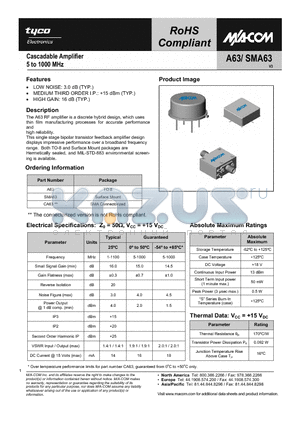 SMA63 datasheet - Cascadable Amplifier 5 to 2000 MHz