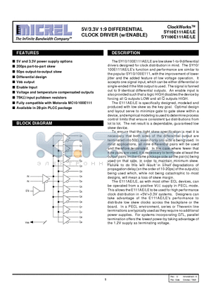 SY100E111LEJITR datasheet - 5V/3.3V 1:9 DIFFERENTIAL CLOCK DRIVER (w/ENABLE)