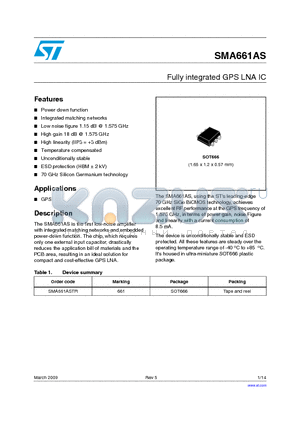 SMA66-1 datasheet - Fully integrated GPS LNA IC