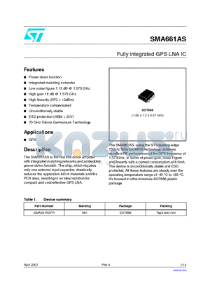 SMA661AS datasheet - Fully integrated GPS LNA IC