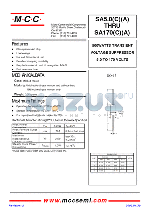 SA20TP datasheet - 500WATTS TRANSIENT VOLTAGE SUPPRESSOR 5.0 TO 170 VOLTS