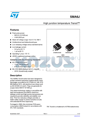 SMA6J datasheet - High junction temperature Transil