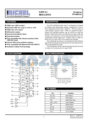 SY100E154JCTR datasheet - 5-BIT 2:1 MUX-LATCH