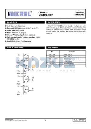 SY100E157 datasheet - QUAD 2:1 MULTIPLEXER