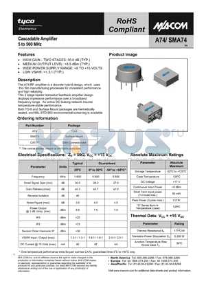 SMA74 datasheet - Cascadable Amplifier 5 to 500 MHz