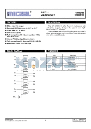 SY100E158JZTR datasheet - 5-BIT 2:1 MULTIPLEXER