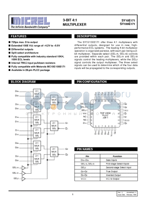 SY100E171JC datasheet - 3-BIT 4:1 MULTIPLEXER