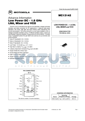 MC13142D datasheet - LOW POWER DC - 1.8 GHz LNA, MIXER and VCO