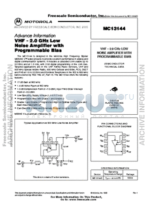 MC13144 datasheet - VHF- 2.0 GHz Low Noise Amplifier with Programmable Bias