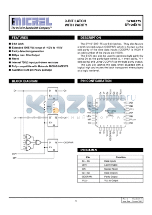 SY100E175JCTR datasheet - 9-BIT LATCH WITH PARITY