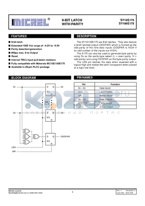 SY100E175JCTR datasheet - 9-BIT LATCH WITH PARITY