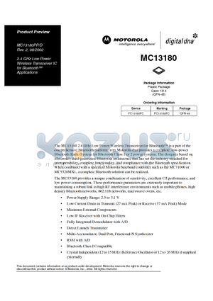MC13180 datasheet - 2.4 GHz Low Power Wireless Transceiver IC for Bluetooth Applications