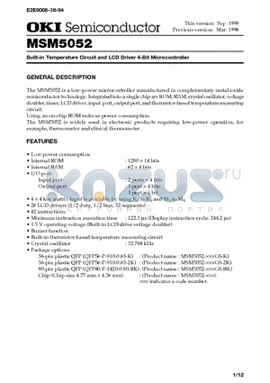 MSM5052-XXXGS-BK datasheet - Built-in Temperature Circuit and LCD Driver 4-Bit Microcontroller