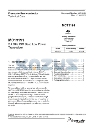 MC13191 datasheet - 2.4 GHz ISM Band Low Power Transceiver