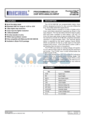 SY100E196JI datasheet - PROGRAMMABLE DELAY CHIP WITH ANALOG INPUT