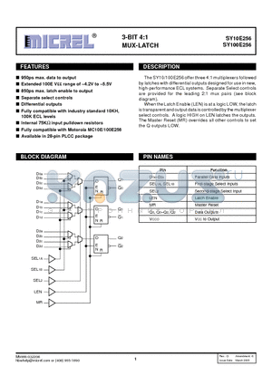 SY100E256 datasheet - 3-BIT 4:1 MUX-LATCH