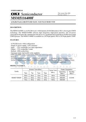 MSM5116400F-50SJ datasheet - 4,194,304-Word  4-Bit DYNAMIC RAM : FAST PAGE MODE TYPE