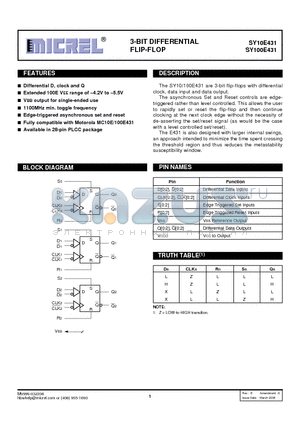 SY100E431 datasheet - 3-BIT DIFFERENTIAL FLIP-FLOP