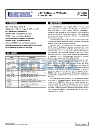 SY100E445JC datasheet - 4-BIT SERIAL-to-PARALLEL CONVERTER