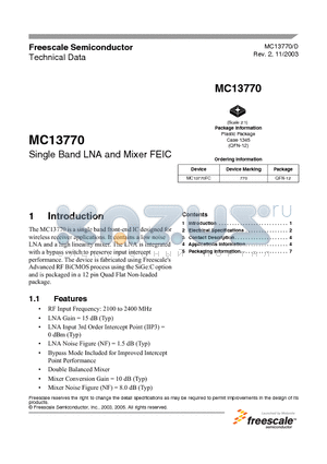 MC13770 datasheet - Single Band LNA and Mixer FEIC