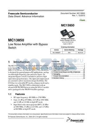 MC13850 datasheet - Low Noise Amplifier with Bypass Switch