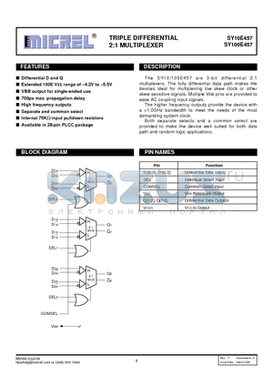 SY100E457 datasheet - TRIPLE DIFFERENTIAL 2:1 MULTIPLEXER