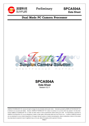 SPCA504A datasheet - Dual Mode PC Camera Processor