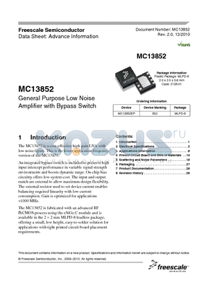 MC13852EP datasheet - General Purpose Low Noise Amplifier with Bypass Switch
