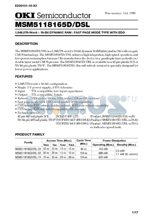 MSM5118165DSL datasheet - 1,048,576-Word x 16-Bit DYNAMIC RAM : FAST PAGE MODE TYPE WITH EDO