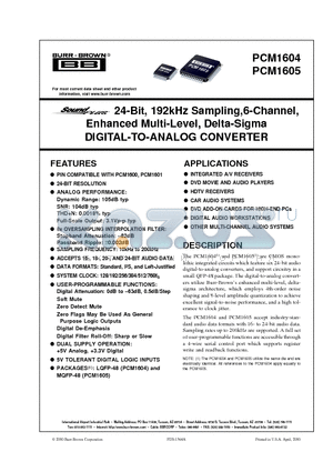 PCM1604Y datasheet - 24-Bit, 192kHz Sampling,6-Channel, Enhanced Multi-Level, Delta-Sigma DIGITAL-TO-ANALOG CONVERTER