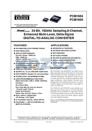 PCM1605Y datasheet - 24-Bit, 192kHz Sampling,6-Channel, Enhanced Multi-Level, Delta-Sigma DIGITAL-TO-ANALOG CONVERTER