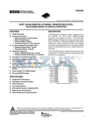 PCM1606E/2K datasheet - 24-BIT, 192-kHz SAMPLING, 6-CHANNEL, ENHANCED MULTILEVEL, DELTA-SIGMA DIGITAL-TO-ANALOG CONVERTER