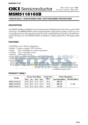 MSM5118165B datasheet - 1,048,576-Word x 16-Bit DYNAMIC RAM : FAST PAGE MODE TYPE WITH EDO