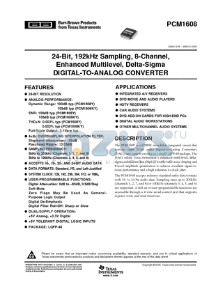 PCM1608Y/2K datasheet - 24-Bit, 192kHz Sampling, 8-Channel, Enhanced Multilevel, Delta-Sigma DIGITAL-TO-ANALOG CONVERTER