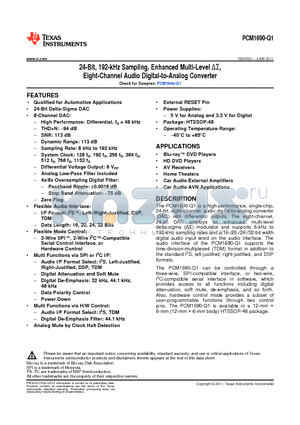 PCM1690-Q1 datasheet - 24-Bit, 192-kHz Sampling, Enhanced Multi-Level DS,Eight-Channel Audio Digital-to-Analog Converter