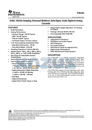 PCM1680DBQR datasheet - 24-Bit, 192-kHz Sampling, Enhanced Multilevel, Delta-Sigma, Audio Digital-to-Analog Converter