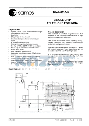 SA2532KA datasheet - SINGLE CHIP TELEPHONE FOR INDIA