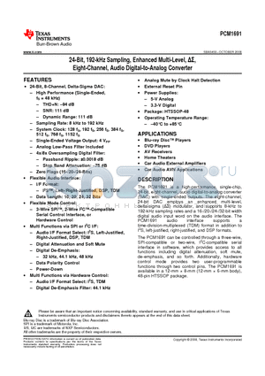 PCM1691 datasheet - 24-Bit, 192-kHz Sampling, Enhanced Multi-Level, DS,Eight-Channel, Audio Digital-to-Analog Converter