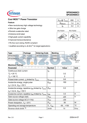 SPD03N60C3 datasheet - Cool MOS Power Transistor