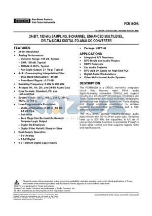 PCM1609APTG4 datasheet - 24-BIT, 192-kHz SAMPLING, 8-CHANNEL, ENHANCED MULTILEVEL, DELTA-SIGMA DIGITAL-TO-ANALOG CONVERTER