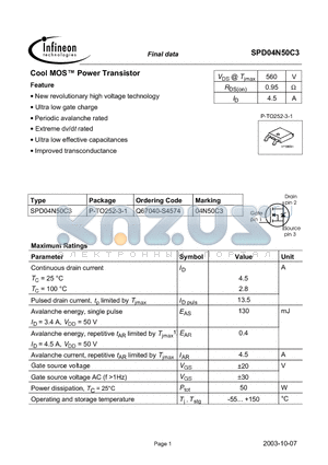 SPD04N50C3 datasheet - Cool MOS Power Transistor