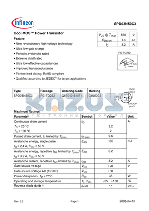 SPD03N50C3 datasheet - Cool MOS Power Transistor