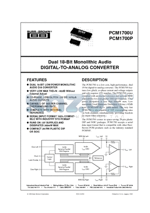 PCM1700P-J datasheet - Dual 18-Bit Monolithic Audio DIGITAL-TO-ANALOG CONVERTER