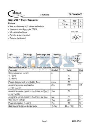 SPD06N80C3 datasheet - Cool MOS Power Transistor