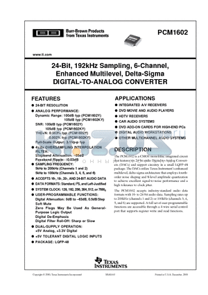 PCM1602KY datasheet - 24-Bit, 192kHz Sampling, 6-Channel, Enhanced Multilevel, Delta-Sigma DIGITAL-TO-ANALOG CONVERTER