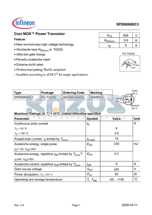 SPD06N80C3_08 datasheet - Cool MOS Power Transistor