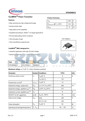 SPD06N80C3_0810 datasheet - CoolMOS Power Transistor