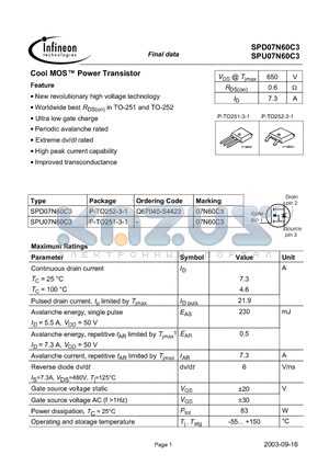 SPD07N60C3 datasheet - Cool MOS Power Transistor